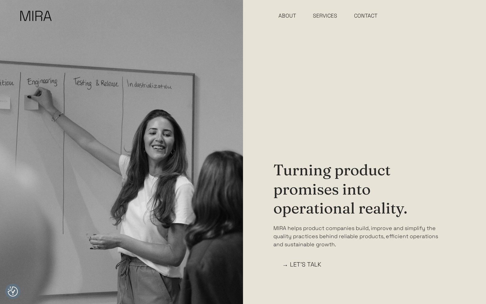 Homepage van miraquality.nl met de titel Turning product promises into operational reality
