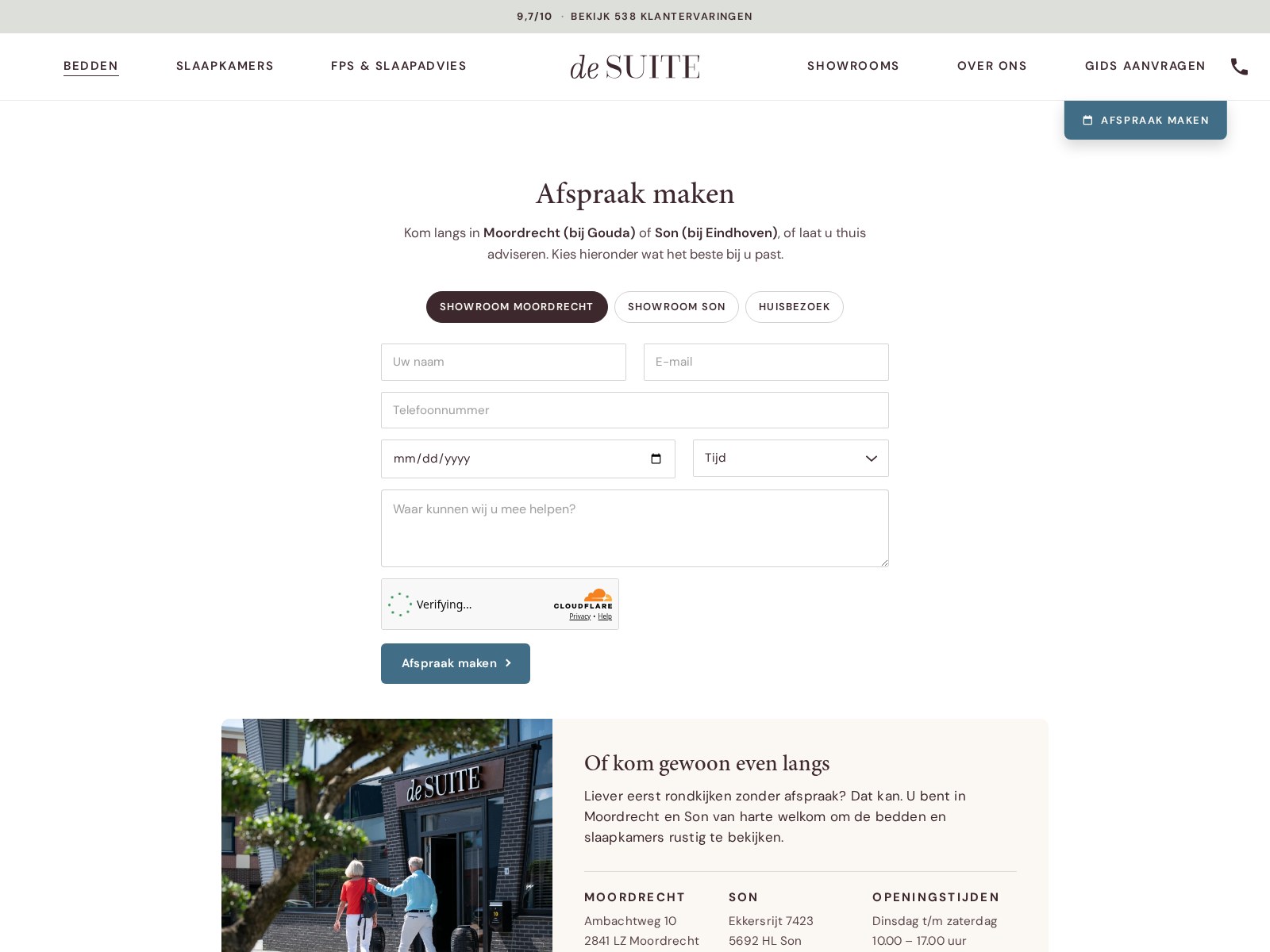 Pagina om een showroomafspraak te maken op de De Suite website