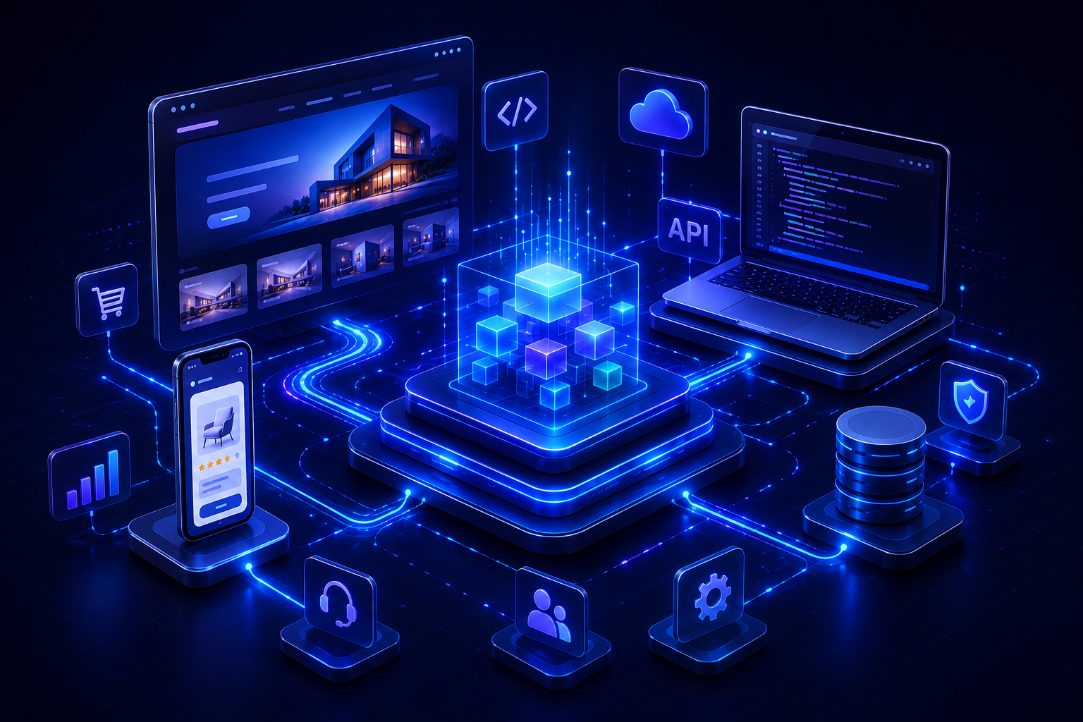 Yousource digitaal ecosysteem met websites, e-commerce, mobiele apps, code, cloud, API's en beveiliging verbonden via gloeiende datastromen