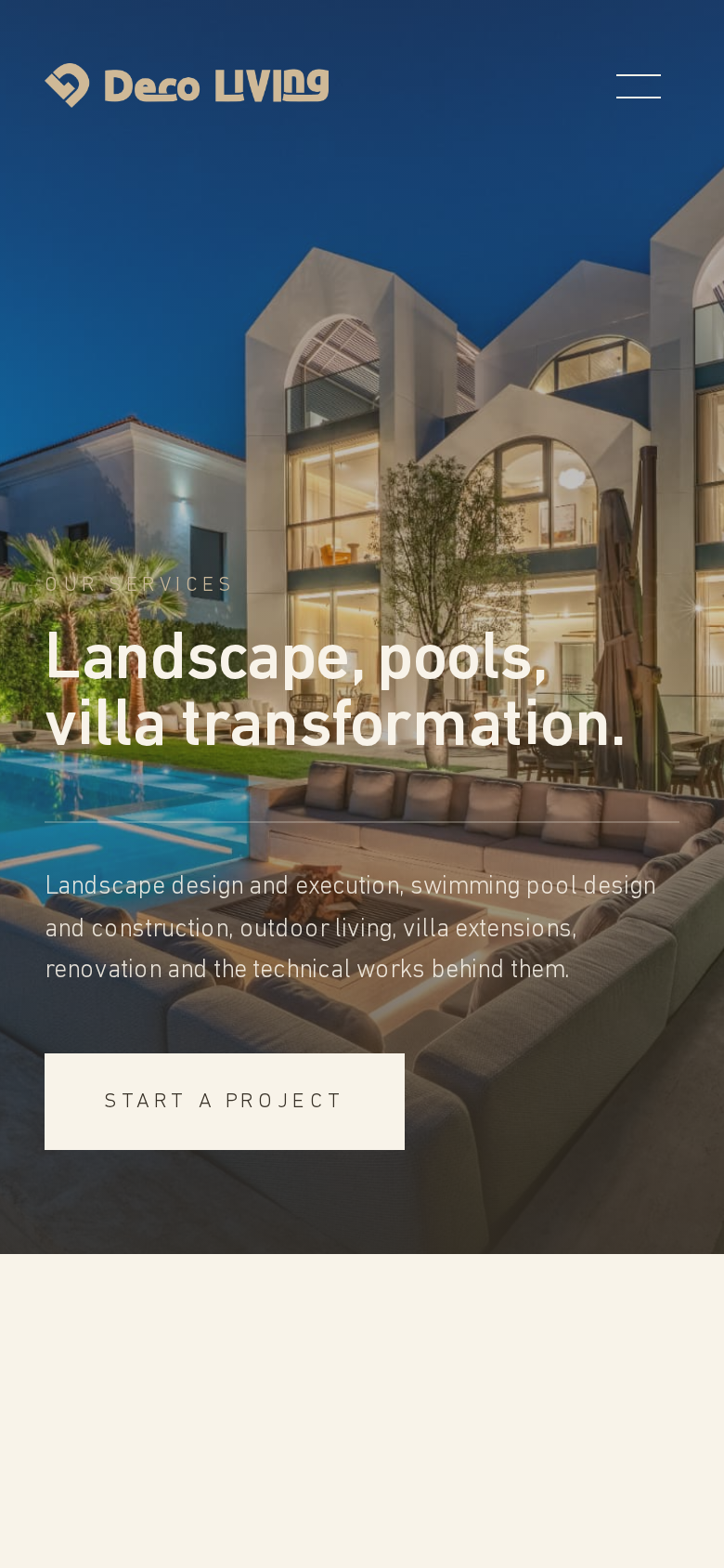 Mobiele Deco Living WordPress website met diensten voor landscaping en zwembaden