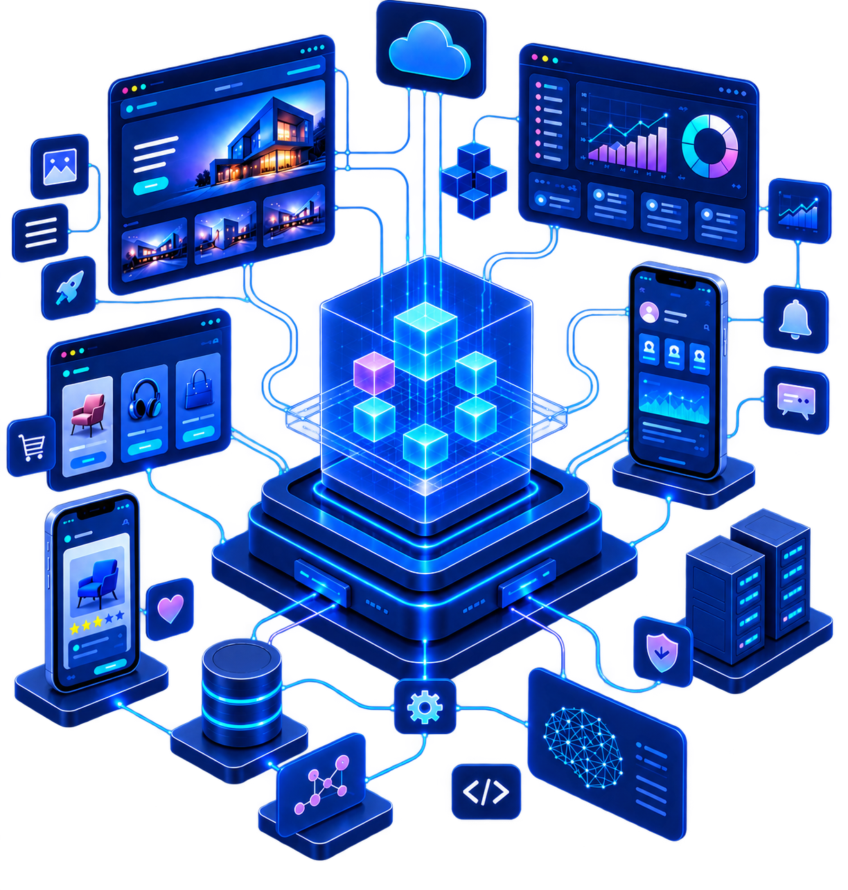 Yousource digitaal ecosysteem met websites, dashboards, mobiele apps, cloud, database, AI en beveiliging verbonden via gloeiende datastromen