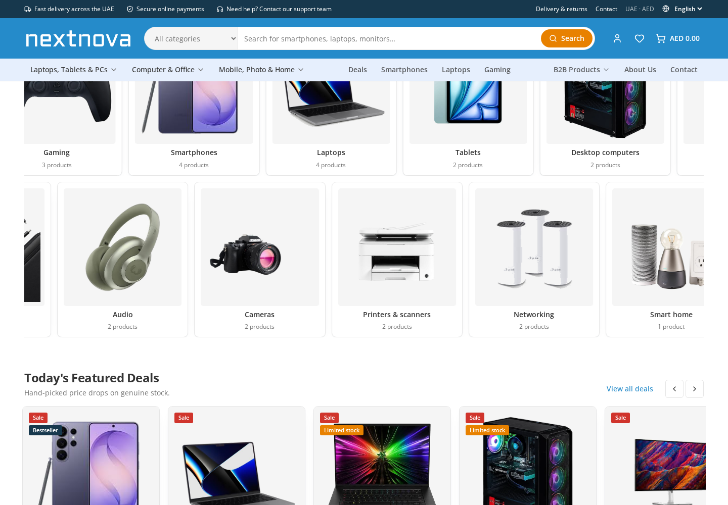 Productcategorieën en dealoverzicht in de webshop van Next Nova Electronics