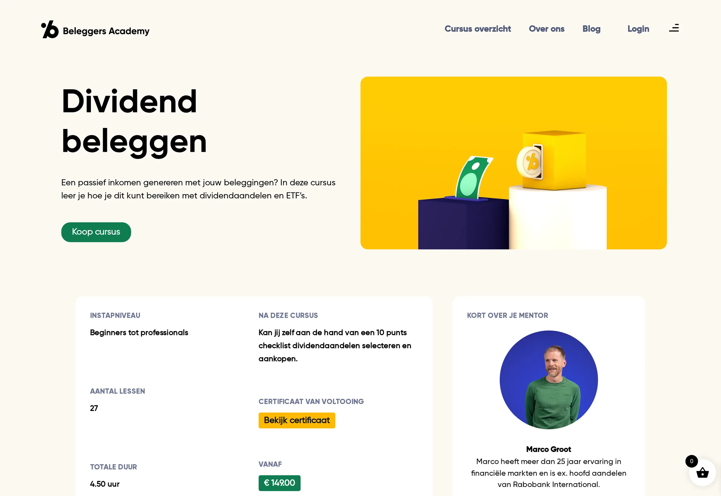 Beleggers Academy WordPress en WooCommerce omgeving met een cursuspagina