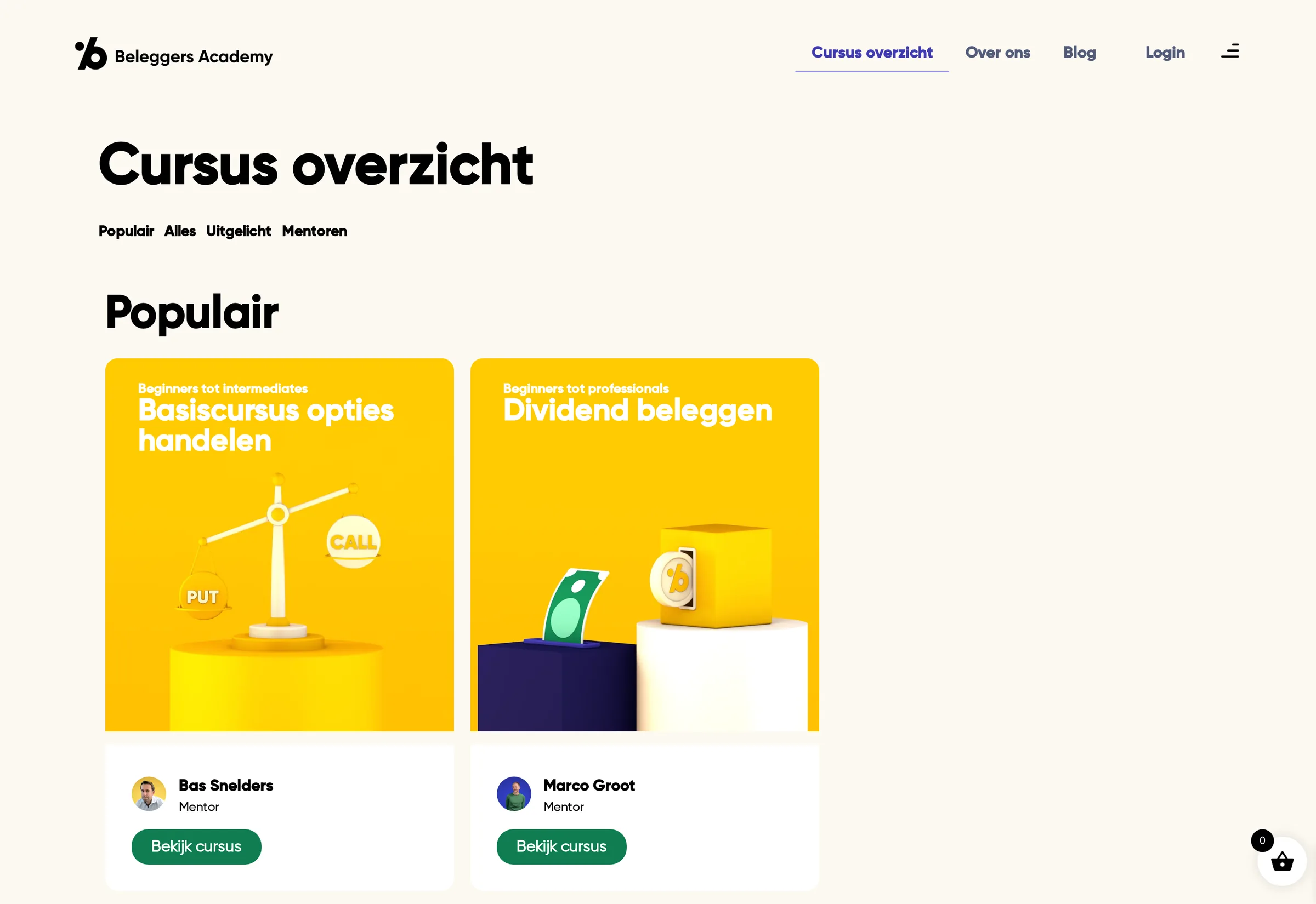 Online leeromgeving van Beleggers Academy met het cursusoverzicht