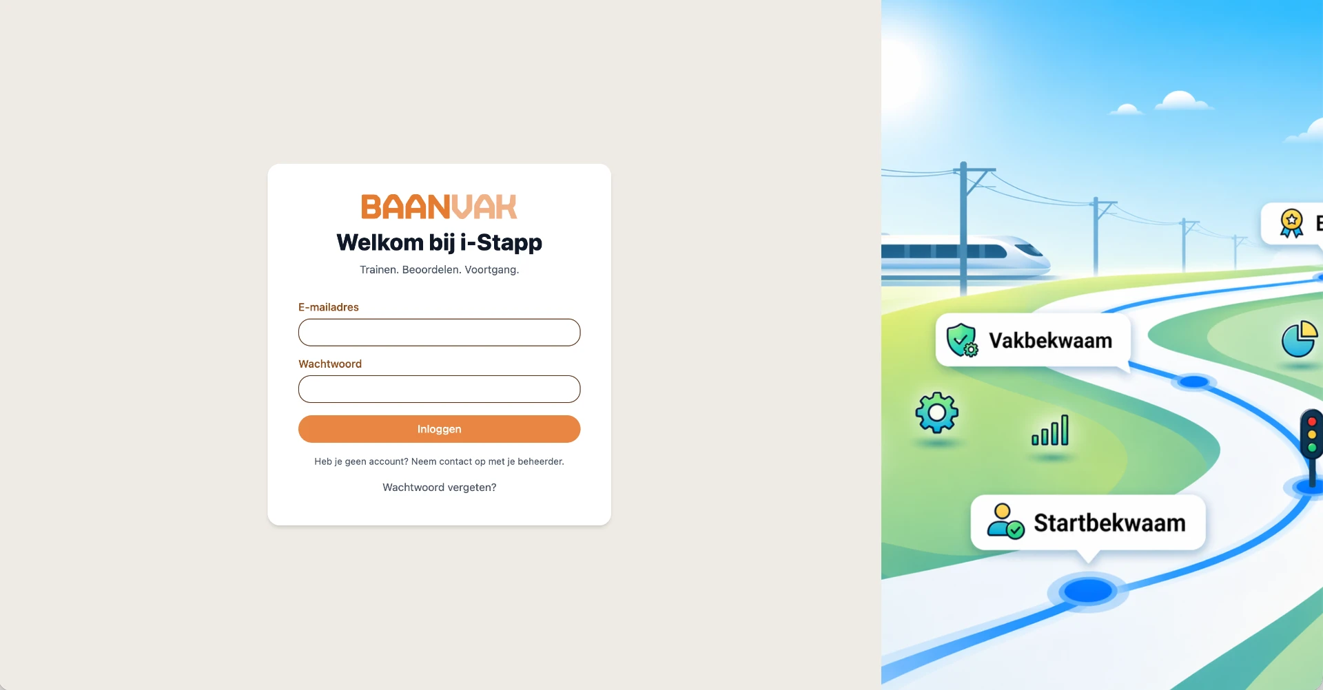 I-Stapp inlogscherm met Baanvak-logo en de leeromgeving van het digitale leerplatform