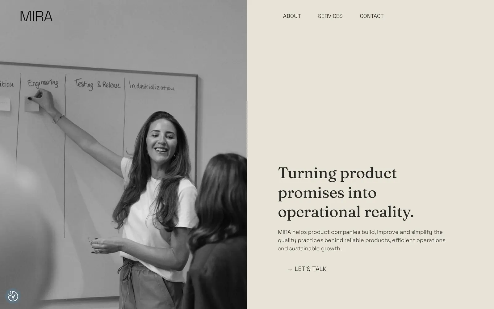 Homepage van miraquality.nl met de titel Turning product promises into operational reality
