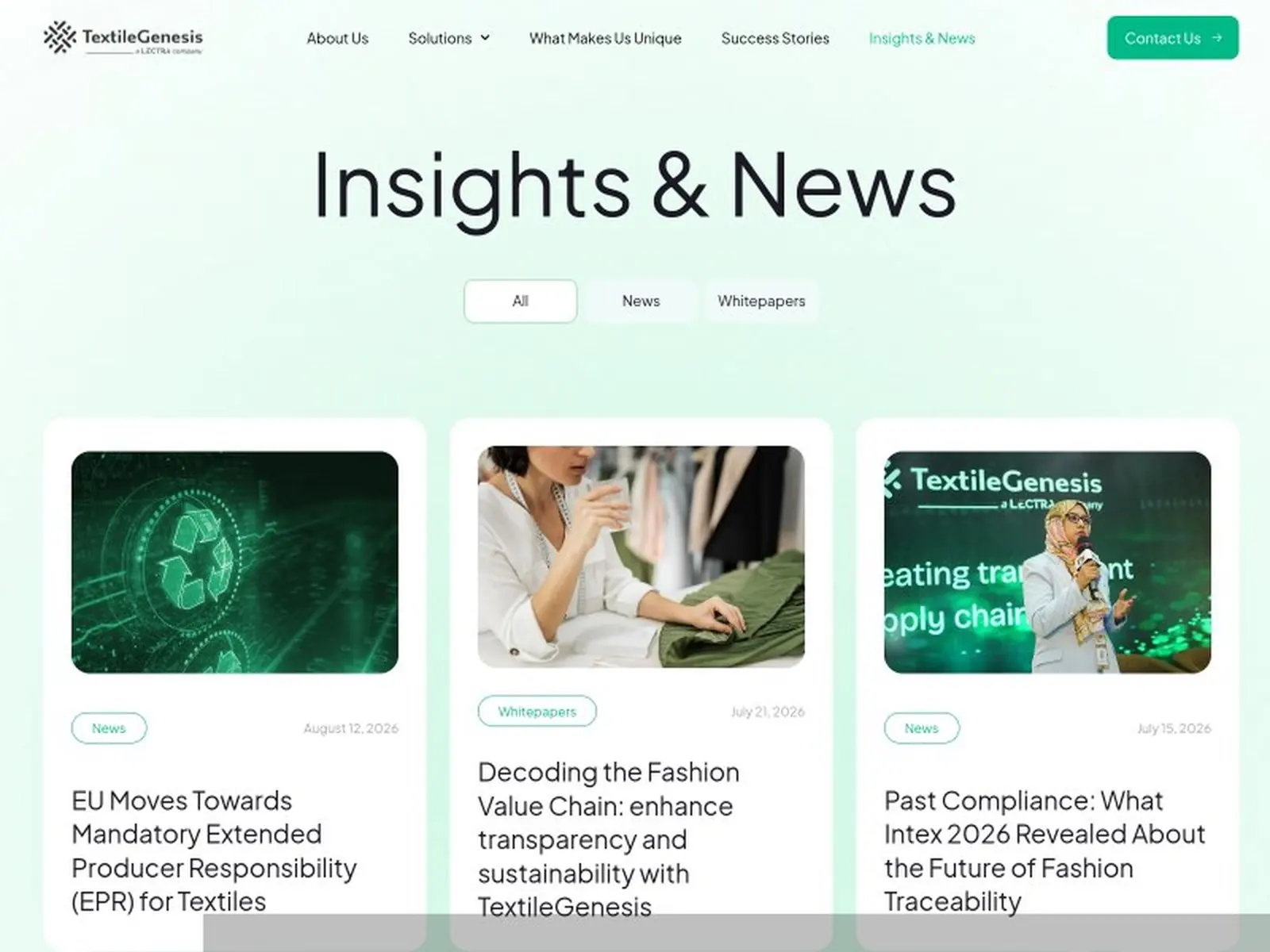 Contentpagina van de TextileGenesis website met inzichten en publicaties