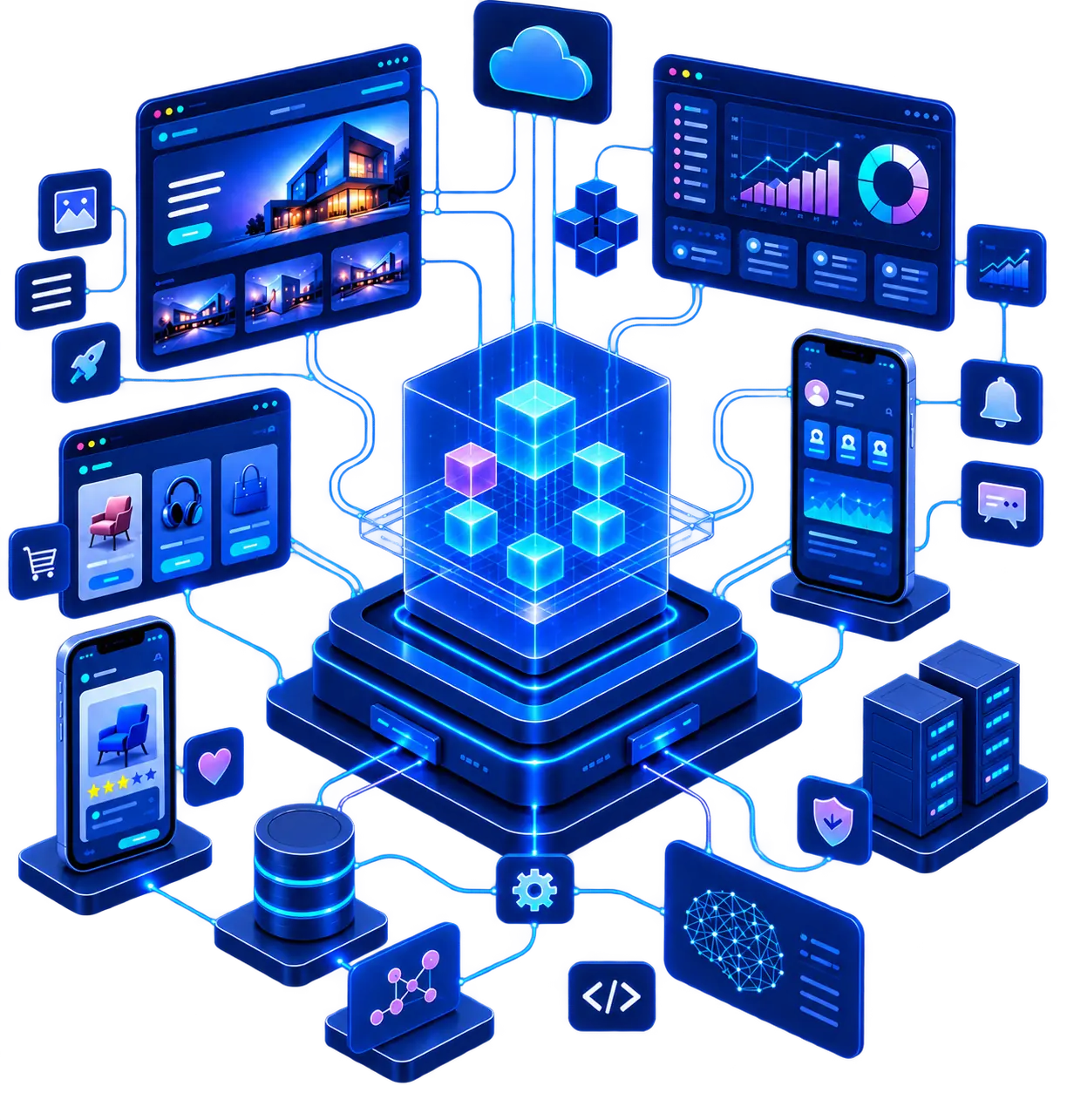 Yousource digitaal ecosysteem met websites, dashboards, mobiele apps, cloud, database, AI en beveiliging verbonden via gloeiende datastromen