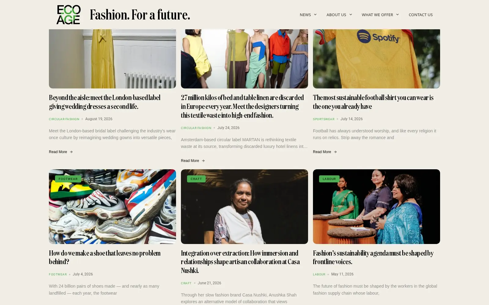 Editorial contentpagina van de Eco Age website met een overzicht van artikelen