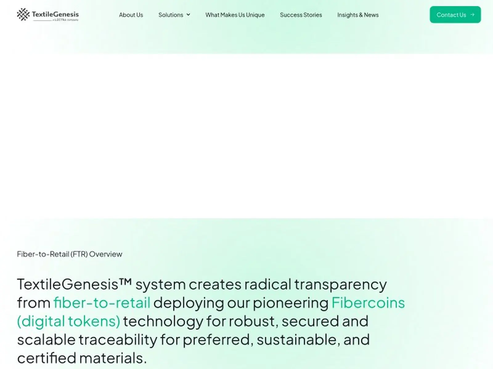 Homepage van textilegenesis.com met de titel Creating Transparent Supply Chains