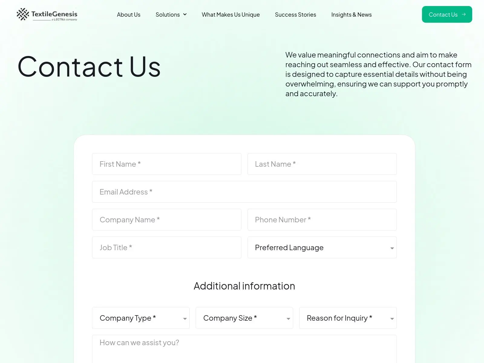 Contactpagina van de TextileGenesis WordPress website