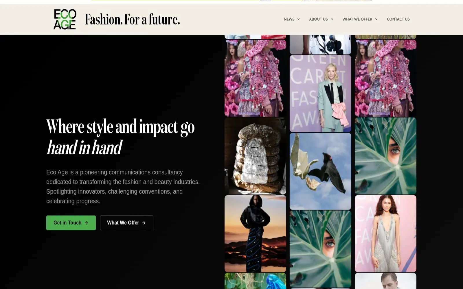 Homepage van eco-age.com met de headline Where style and impact go hand in hand